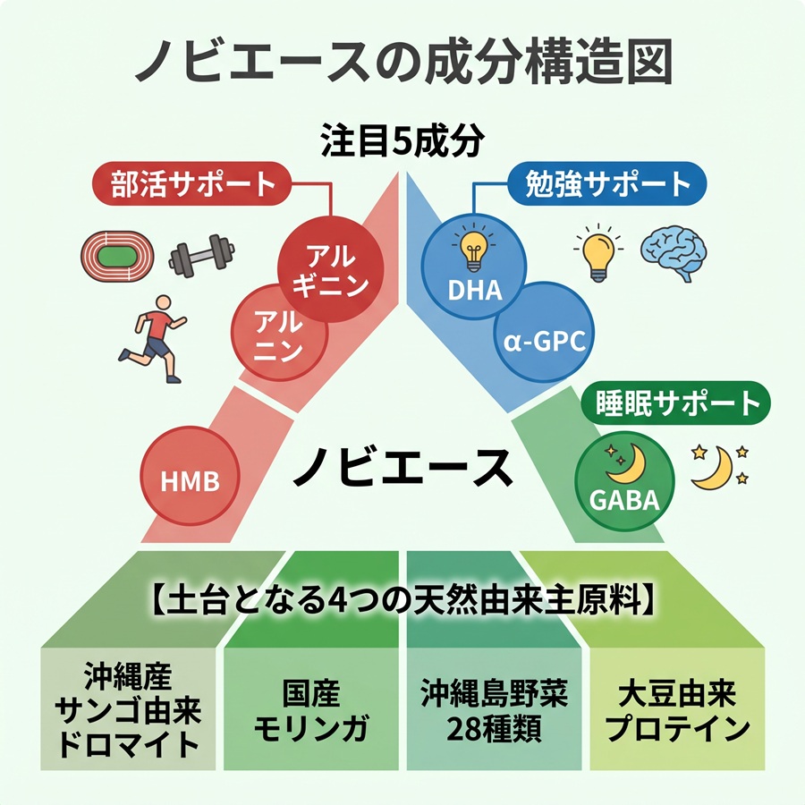 ノビエースの主成分と原材料の構造図。4つの主原料（サンゴ由来ドロマイト・モリンガ・島野菜・大豆プロテイン）と、部活・勉強・睡眠を支える5成分を整理