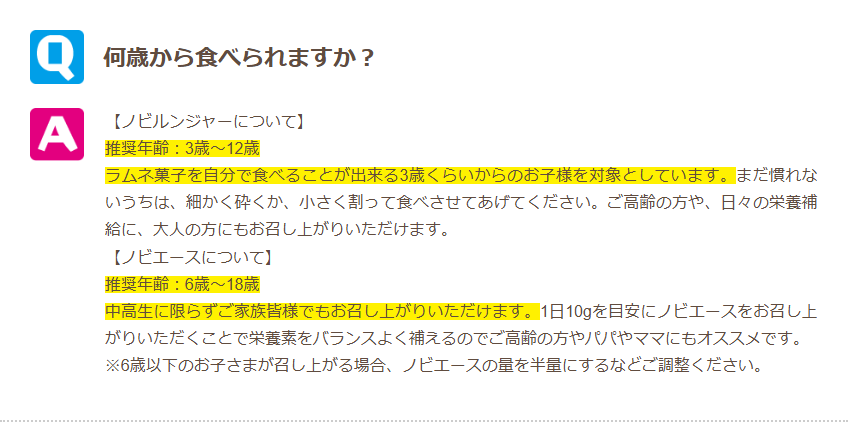 ノビエース公式サイトのよくある質問。推奨年齢は6歳から18歳、1日10gが目安で、6歳以下は半量に調整すると記載されている