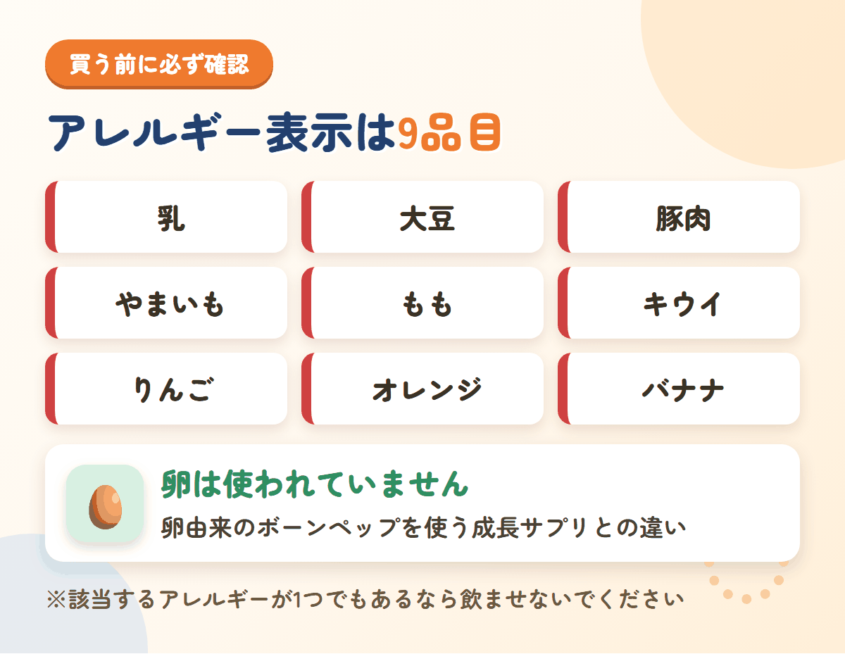 ノビエースのアレルギー表示9品目（乳・大豆・豚肉・やまいも・もも・キウイ・りんご・オレンジ・バナナ）と、卵不使用であることを示す図
